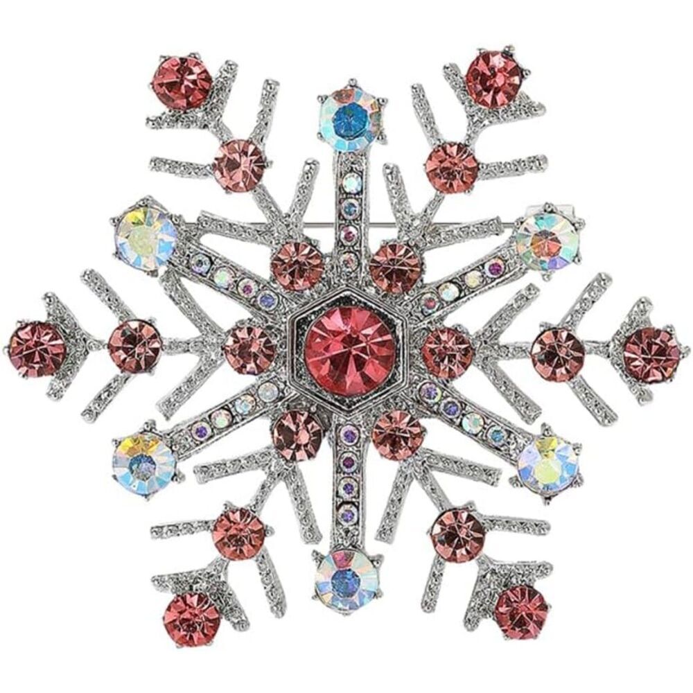 Women Rhinestone Snowflake Brooch Crystal Winter Snowflake Brooch Pin Pink